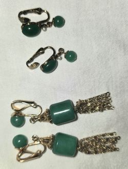 Vintage Green Earrings Lot, 1960s Faux Jade Pearl Drops + 1970s Gold Tassel Dangle