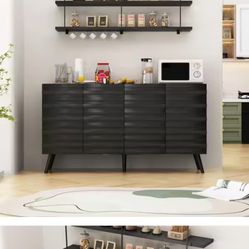 Black Wooden 55.1 in. Width, Sideboard, Storage Cabinet, Dresser with 4-Shelves and Wavy Alternating Stripes Surface