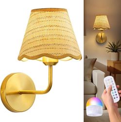 Gold Boho Rattan Wall Sconce Battery Operated Wireless RGB Colo