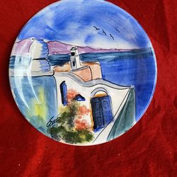 7.5 Inch Handmade Hand Painted Blue Ceramic Wall Hanging Plate Imported From Greece