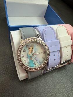 Disney Collectors WATCH Frozen Elsa silver rhinestones watch changeable Silicone Bands Kids in original box In excellent condition  Needs new battery