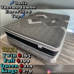 12in Cal King or King Size Oasis Thermo Jumbo Pillow Top Mattress and Boxspring 
