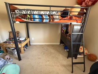 Elevated boys bed with desk and mattress, bunk bed