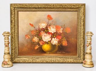 Vintage Robert Cox Original Floral Oil Painting 24x20 Ornate Gold Gilt Frame