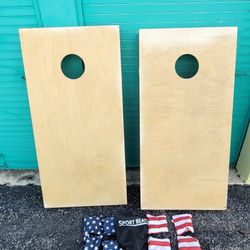 Corn Hole Yard Game, All Wood With Red, White, And Blue Bags