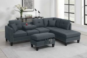 Brand new dark gray linen sectional with left chaise and storage ottoman (98" x 70" x 34"H)