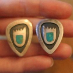 Vintage Silver Tone Aztec? Blue Screwback Earrings Bart Simpson Point Hair Modernist?