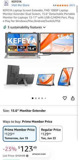 New KEFEYA Laptop Screen Extender, FHD 1080P Laptop Monitor Extender Dual Screen, 15.6” Detachable Portable Monitor for Laptops 13-17" with USB-C/HDMI