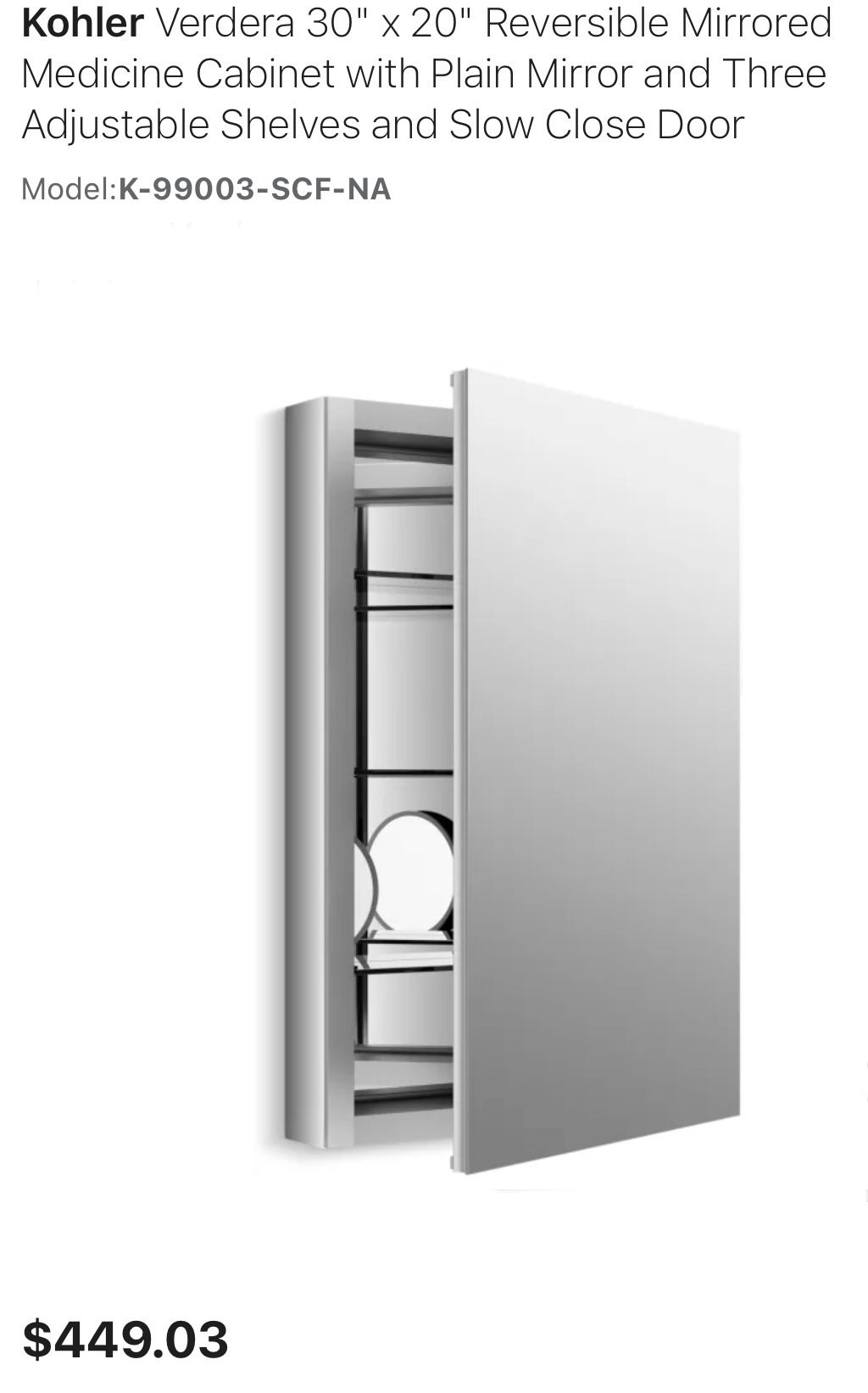 Kohler K-99003-SCF-NA Verdera 30" x 20" Reversible Mirrored Medicine Cabinet with Plain Mirror and Three Adjustable Shelves and Slow Close Door