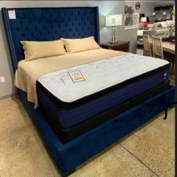 Blue Velvet So Chic Button Tufted Queen Upholstered Bed 💥 Mattress Sold Separately 🎈 New Brand 🔥
