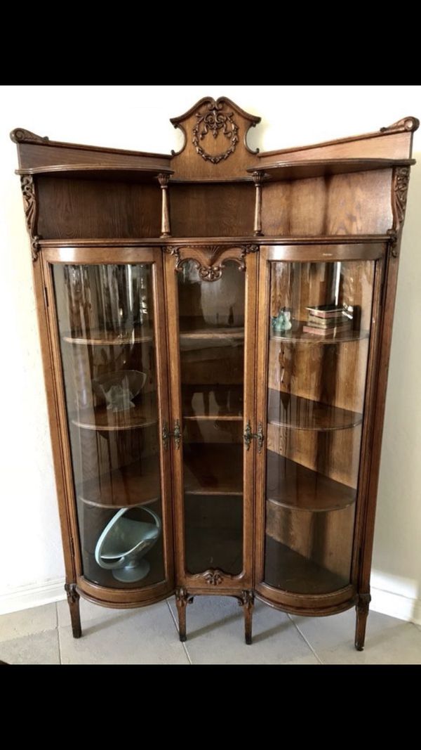 Antique Oak Rounded Glass Corner China Curio Cabinet For Sale In