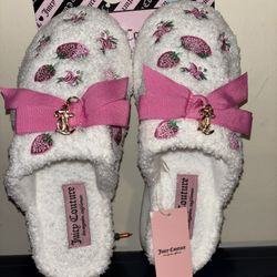 Juicy Couture Strawberry Slippers Women Size M 7-8 Pink Bow Cozy House Shoes