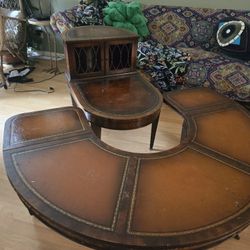 Vintage Leather Topped Crescent Expandable Coffee Table Set 