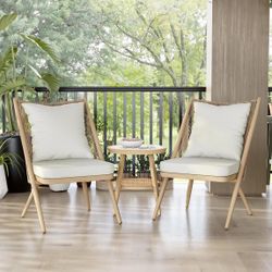 Finegan Mid-Century Modern Aluminum 3-Piece Bistro Set with Removable Cushions for Outdoor Kitchen, Patio, Pool Area, Natural Brown