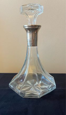1950s Vintage MCM “Cristal d’Versailles” Decanter with Silver-Plated Metal Band
