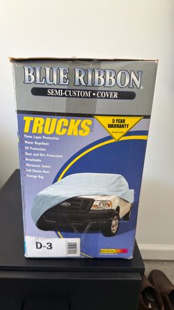 Only $49 blue ribbon, semi custom cover fits, small trucks, midsize cars, and SUVs as well as sports cars