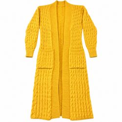 Women’s Small Yellow Cable Knit Long Maxi Cardigan Sweater Open Front Pockets