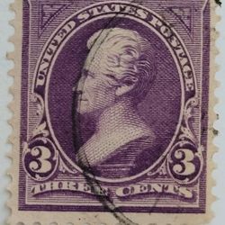 3c 1895 Scott #256 Andrew Jackson Purple 3-Cent Stamp Double-Line Watermark Post Marked Canceled,  Writing on back. The stamp depicted is a 3-cent pur