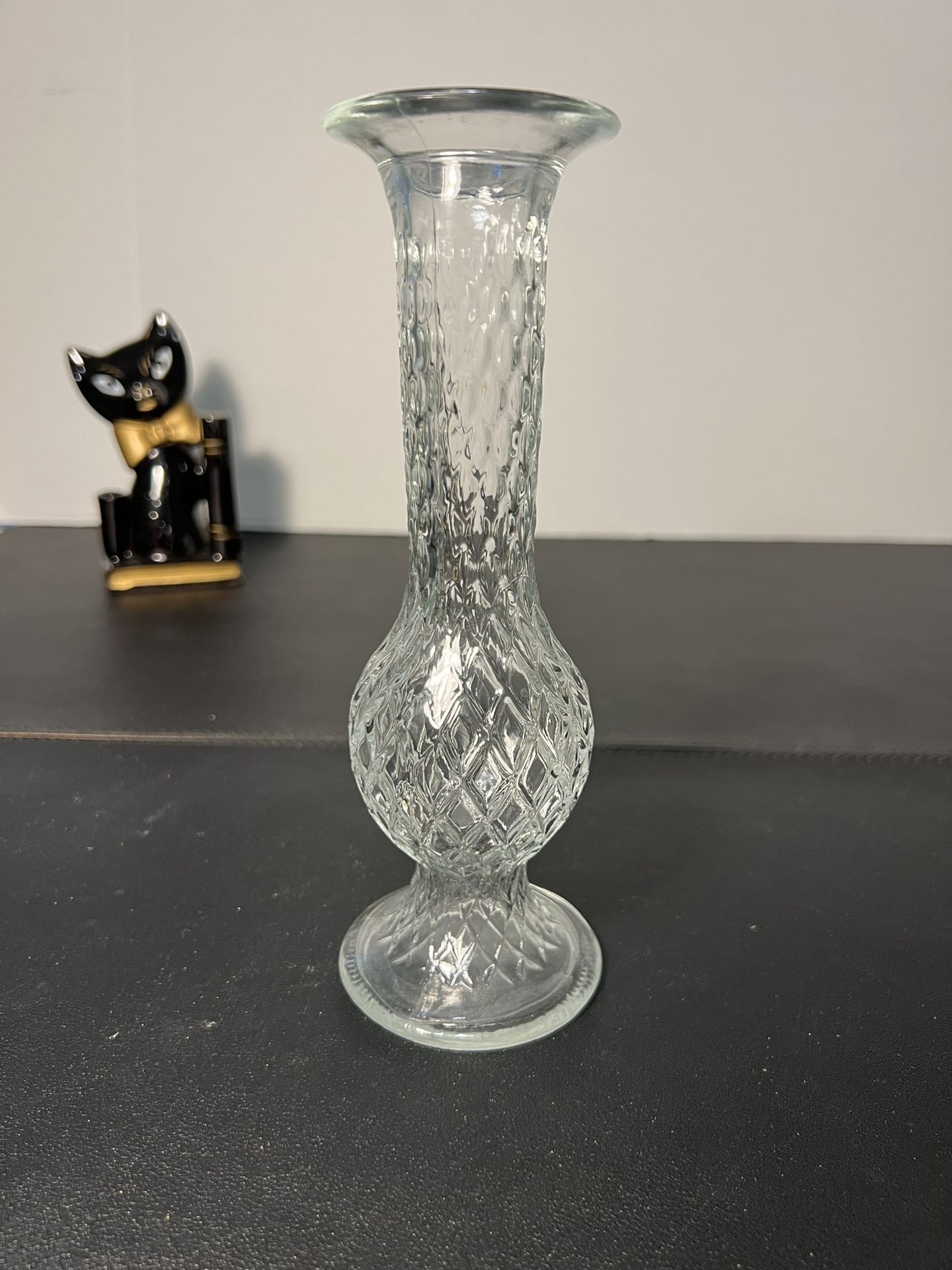E.O. Brody 1960s Clear Cut Glass Diamond Lattice Flower Bud Vase C-920, 2.5x7.5”