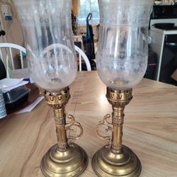Vintage Solid Brass Hurricane Lamps (Matching Pair) – Etched Glass