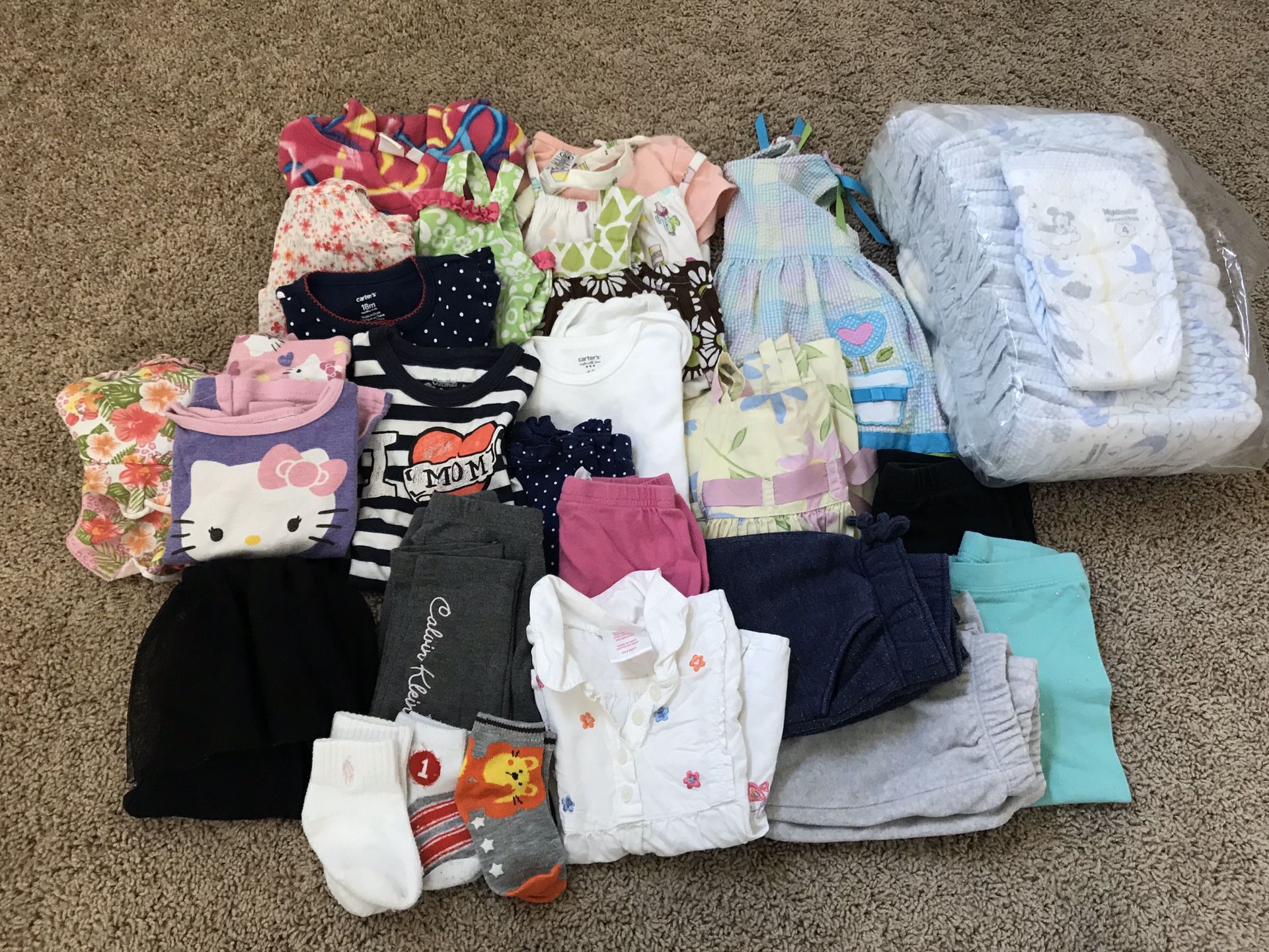 18 months baby girl clothes and size 4 overnight diapers (28) and swim diapers