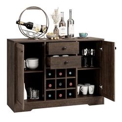 Sideboard Buffet Cabinet with 2 Drawers and Cabinets, Wine Bar Cabinet with Wine Rack for Dining Room Kitchen, Deep Brown
