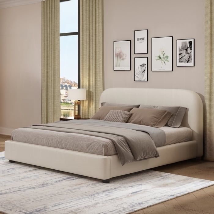 BEIGE FABRIC QUEEN SIZE BED FRAME PLATFORM LOW PROFILE CAMA