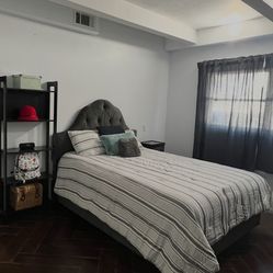 Queen bed with adjustable frame and bookcase