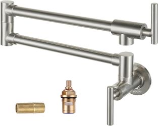 Pot Filler Faucet Brushed Nickel Commercial Wall Mount Stove Faucet, Brass Pot Filler Folding Faucet Over Stove, Kitchen Pot Faucet with Double Joint