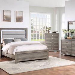 4 PCs Bedroom Set Dresser Mirror Queen Bed With Light LED  & Nightstand 