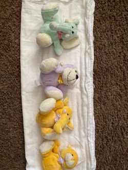 4 plush toys: Elephant, Monkey, Teddy Bear