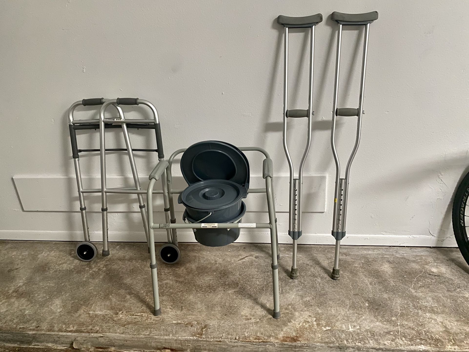 Medical folding toilet, folding walker and crutches