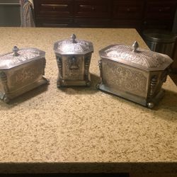 3 Beautiful Antique Containers Silver Plates 