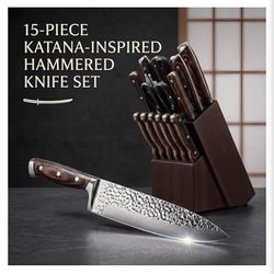 15-Piece Kitchen Knife Set w/ Block, High Carbon Steel, Full Tang Handle +