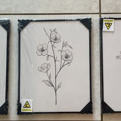 Wall Art Set Of 3 Black and White Floral With Black Metal Frame NEW In Package