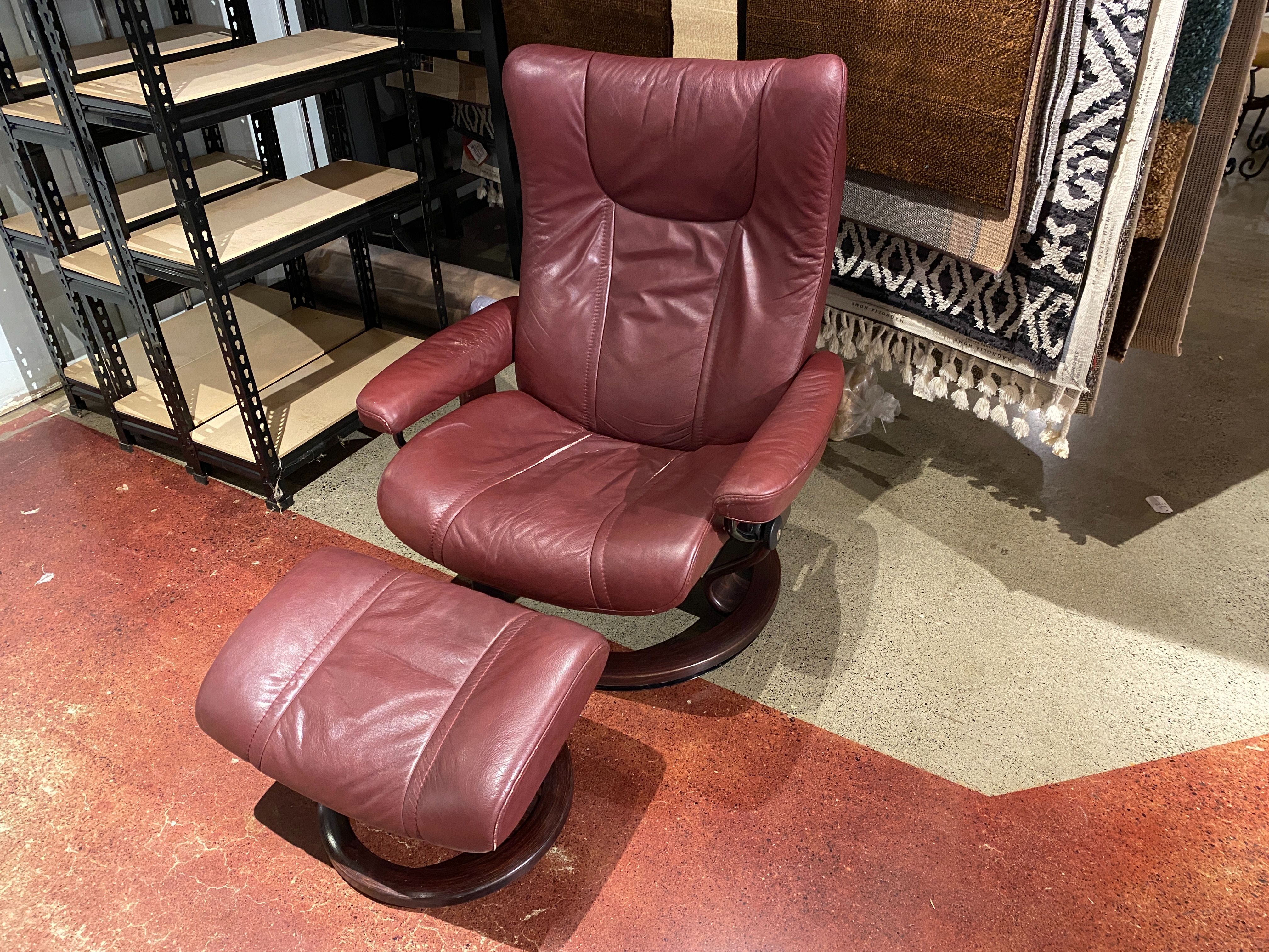 EKORNES Red Leather Stressless Wing Recliner and Ottoman