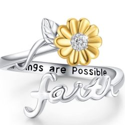 Silver Sunflower Faith Anxiety Ring, Adjustable You Are My Sunshine Open Faith Religious Ring Christian Inspiring Incentive Jewerly Gifts for Women