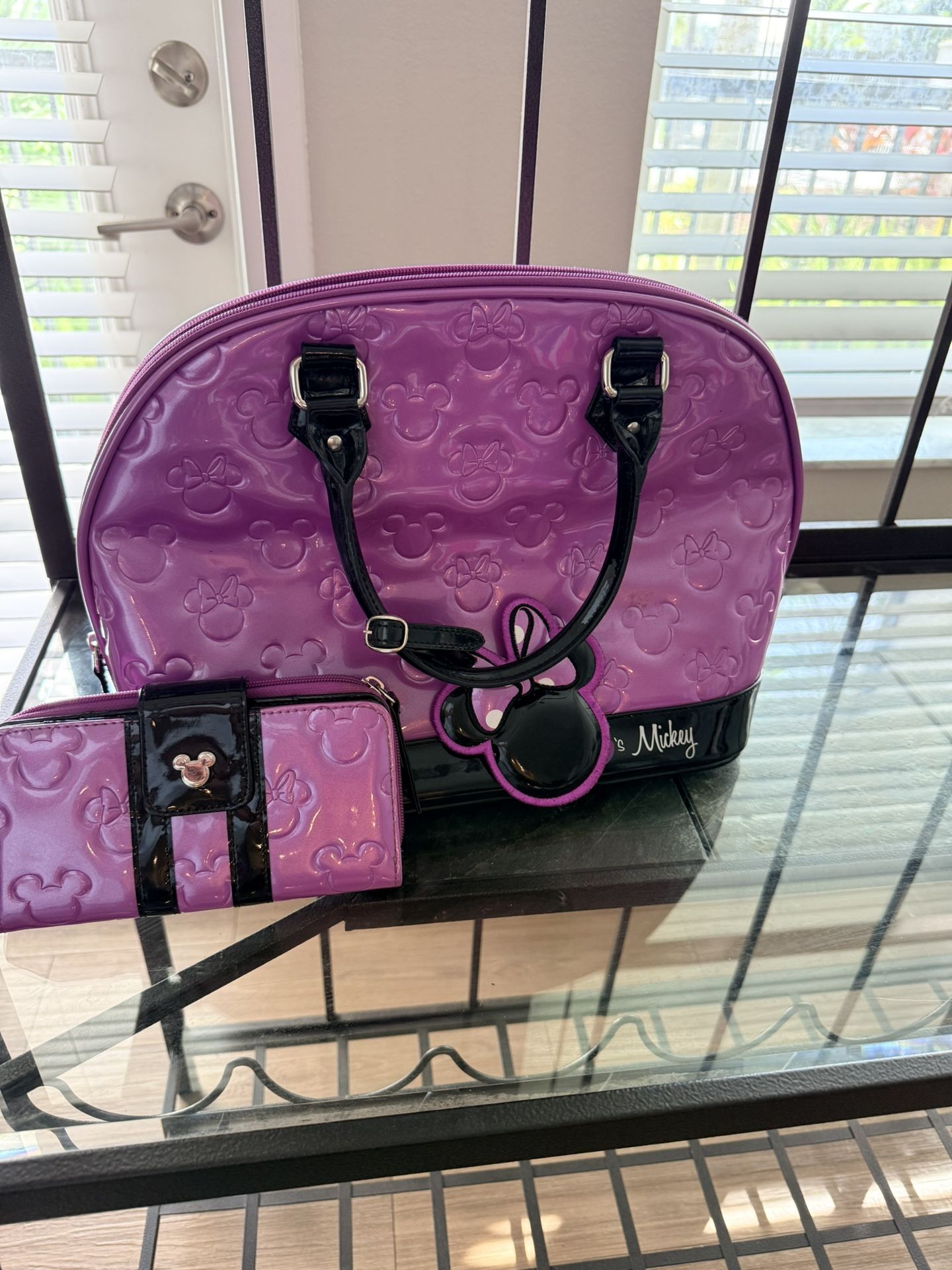 Disney Minnie Mouse Purse & Wallet Set – Purple Patent Leather Style, Embossed Mickey Design, Authentic Disney Parks