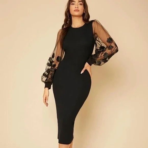 Black Knit Midi Dress With Mesh Sleeves