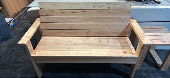 Wooden bench with side table