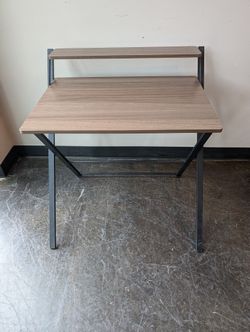 Compact Wood-Grain Desk with Elevated Shelf