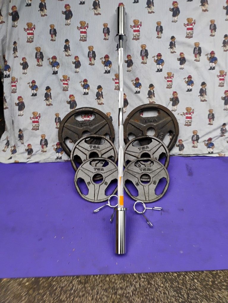 TSA  OLYMPIC  PLATES (PAIRS OF)  :  25s  10s  5s  &  NEW  EZ  CURL  BAR 
