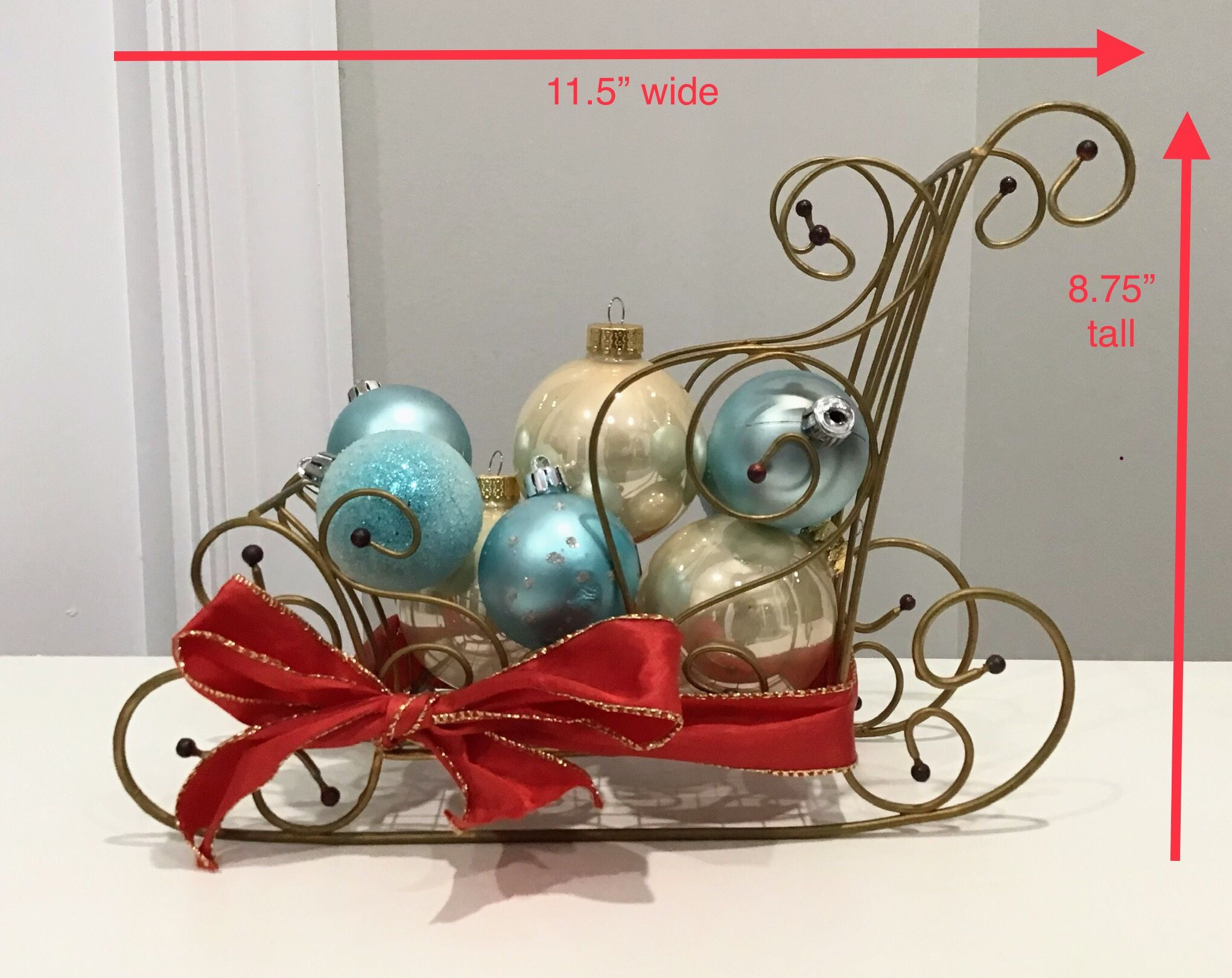 Antique Gold Metal Sleigh with Red Ribbon & Blue & Cream Ornaments 