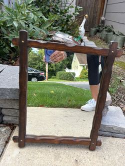 Vintage Rustic Folk Art Style Carved Wood Wall Mirror 13” x 17” to end of wood frame