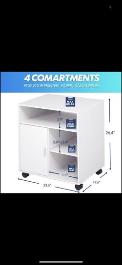 Office Cabinet Wood Mobile Printer Stand on Wheels for Storing File Folders, White