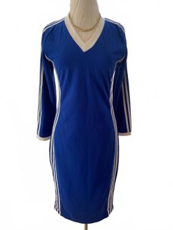 Blue Long Sleeve V-Neck Bodycon Dress with White Stripes Medium