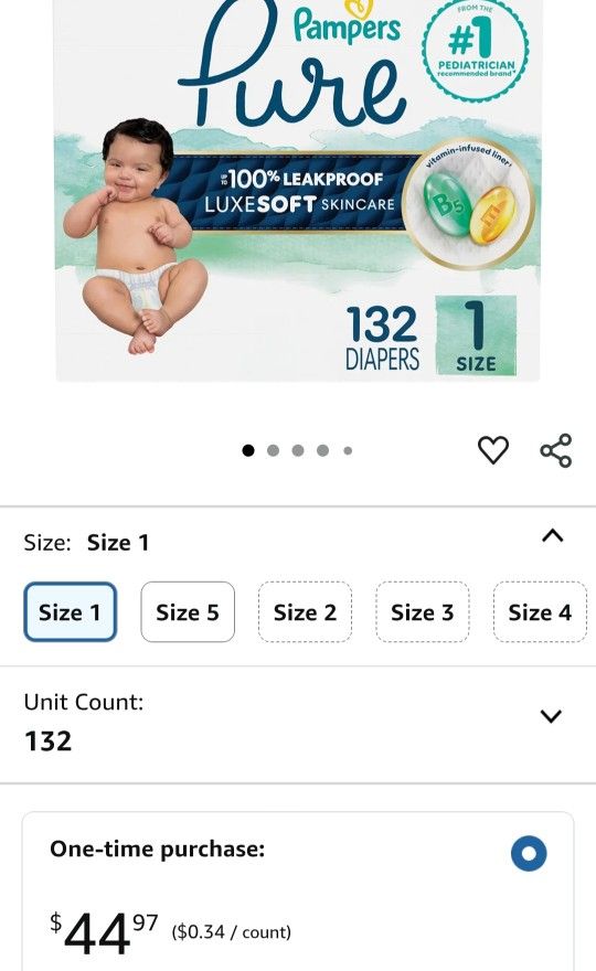 Pampers Pure Protection Baby Diapers, Size 1 (8-14 lbs), 132 Count, Up to 100% Leakproof, Premium Plant-based Skin Protection, Hypoallergenic $30 obo