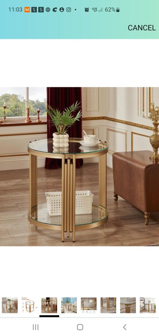 Round Side Table, 2 Tier Gold Glass End Table with Metal Frame, Aesthetic Coffee Table Modern, Small End Tables Living Room Bedroom Balcony