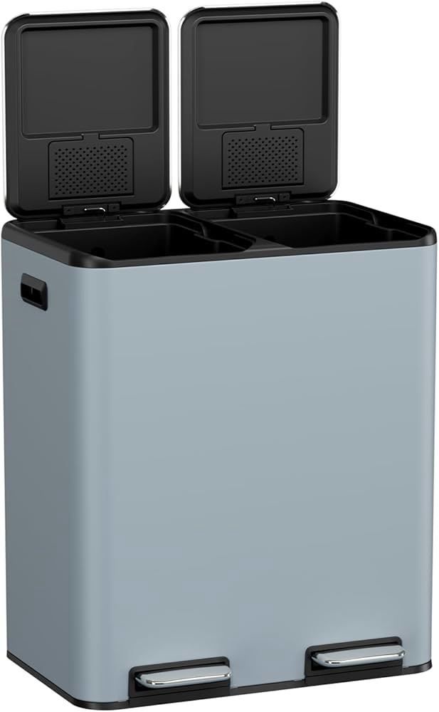 Kitchen Dual Trash Can, 60L Hands-Free Stainless Steel Garbage Can, Classified Rubbish Bin with Double Compartments, Soft-Close Lid, Inner Bucket, Odo