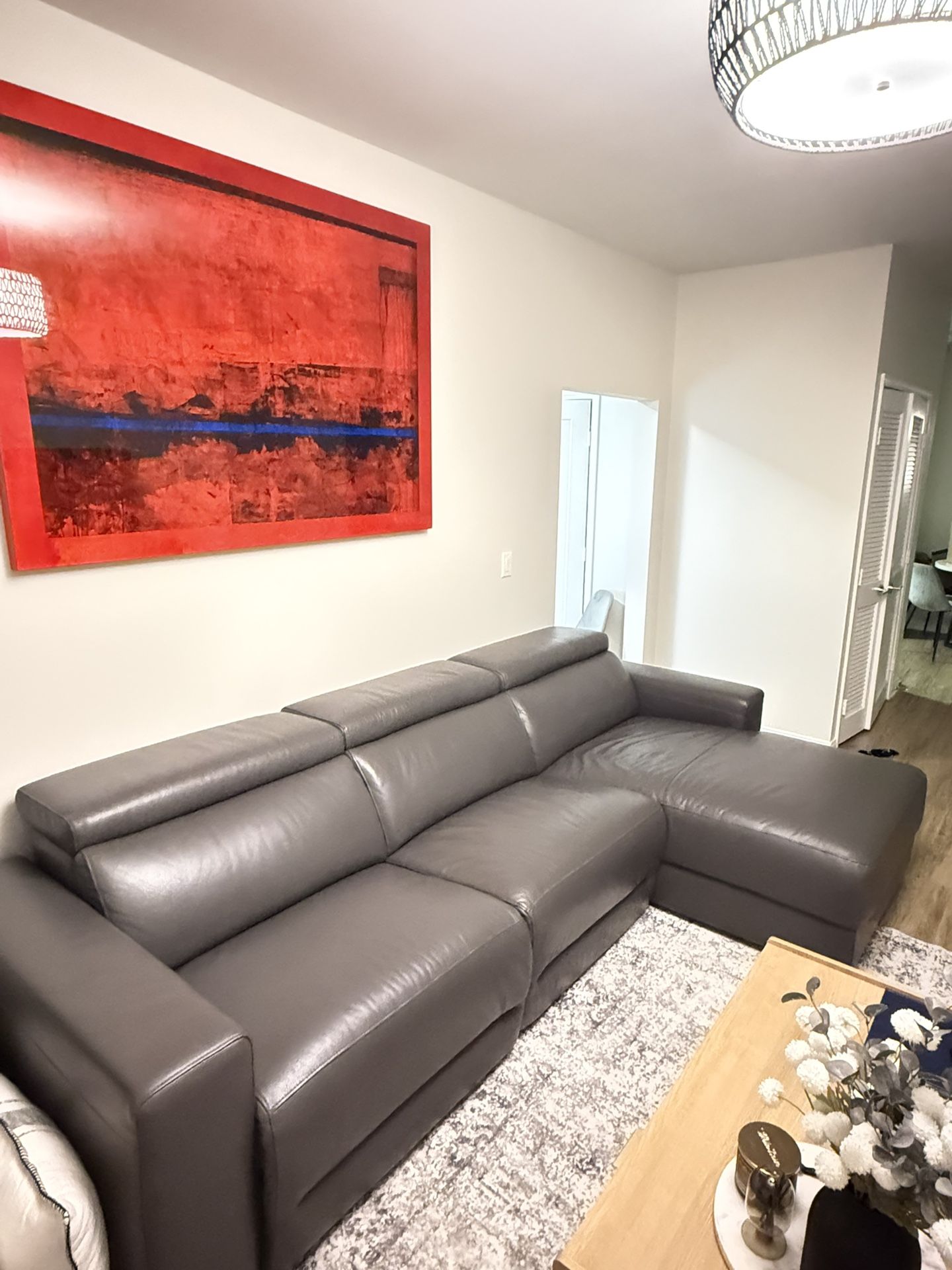 Leather Sectional Sofa with Chaise, 2 Power Recliners and Adjustable Headrests